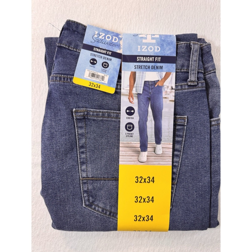 IZOD Saltwater Mens 32x34 Blue Straight Fit Comfort Stretch Jeans Casual NWT